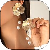 Gold Flower Pearl Dangle Earrings for Women Bohemia Vintage Large Floral Beads Dangling Earrings Exaggerated Long Flower Metal Earrings Charm Jewelry