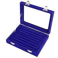 Pasutewel 7 Slots Velvet Glass Rings Earrings Jewellery Display Stand Storage Box Holder Organiser Tray Case - Blue