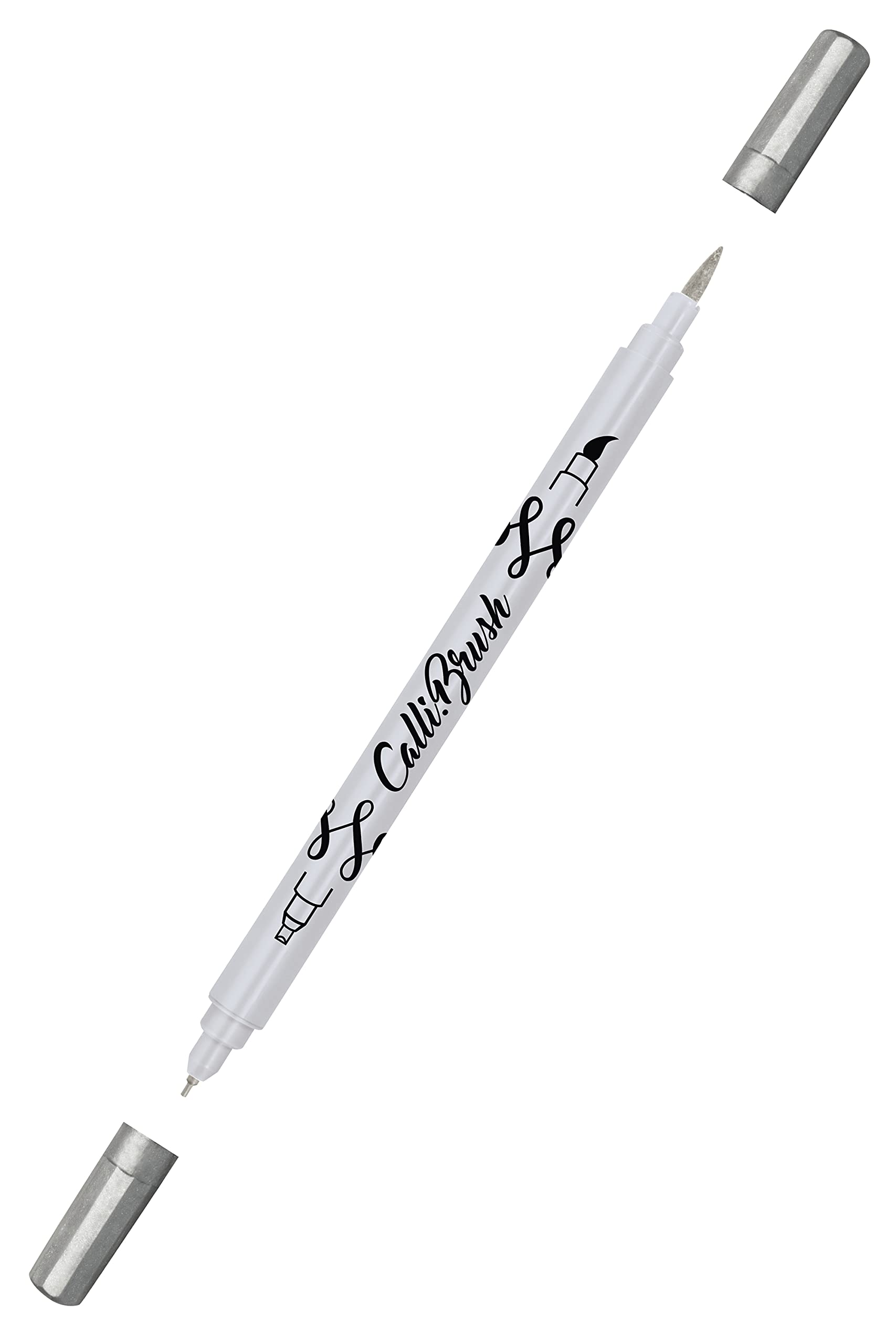Online 19085/6 Double Tip Pen with Calligraphy Tip and Brush Tip Metallic Silver