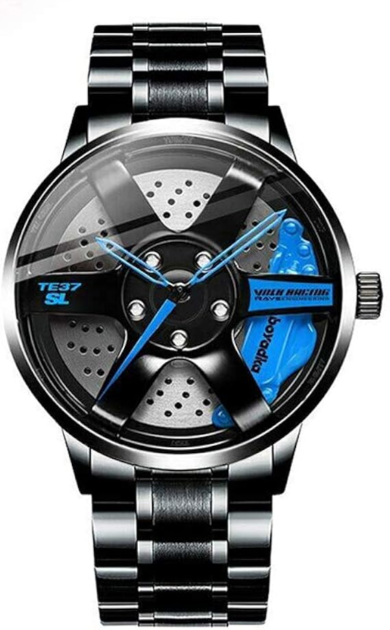 Amazon ステンレススチールリムウォッチカスタム 男性用防水日本のクォーツムーブメントカー愛好家の時計 Blue メンズ腕時計 腕時計 通販