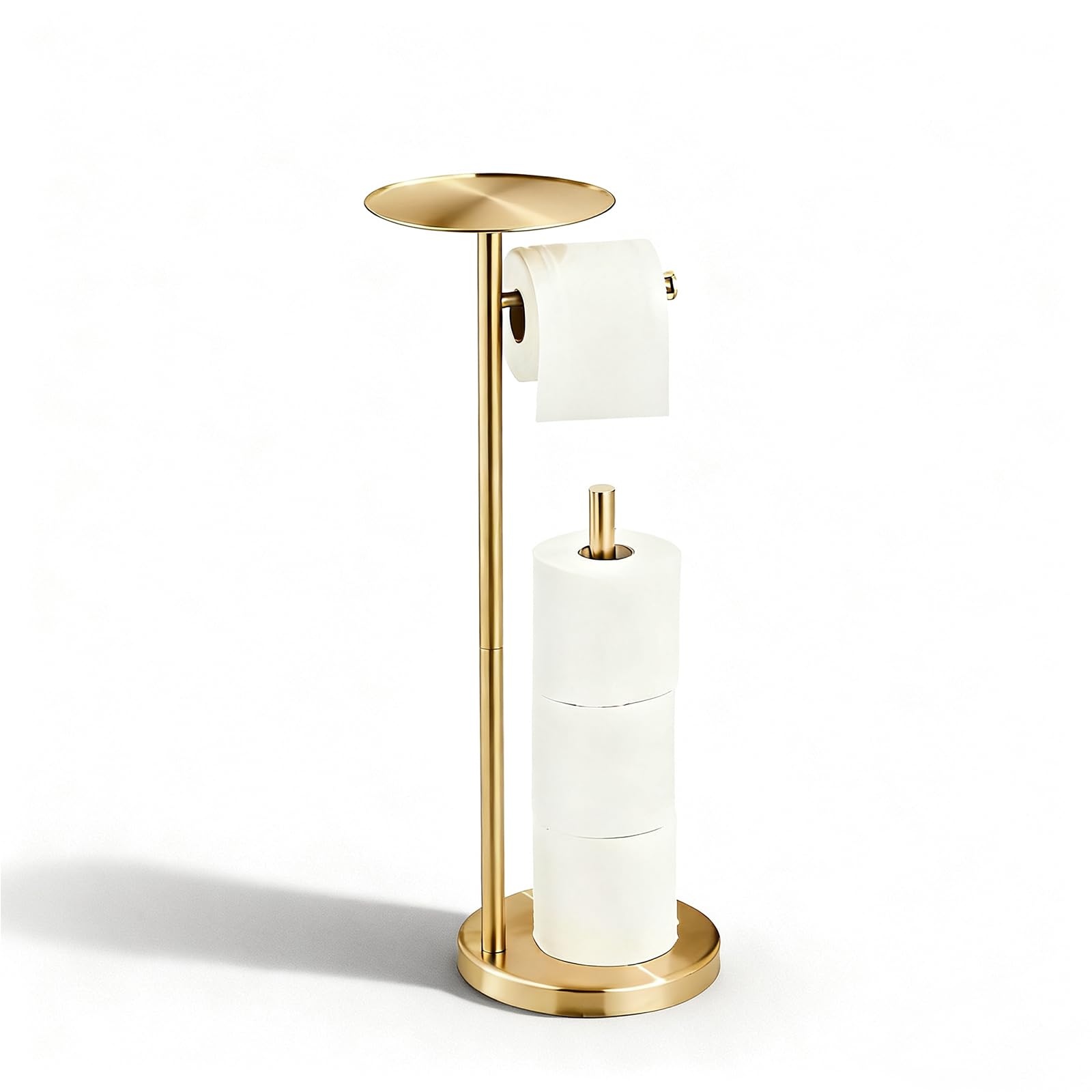 Free-standing Toilet Roll Holder, NEWRAIN Stainless Steel Free Standing Toilet Roll Holder with Anti-Slip Base and Shelf for Phone & Small Items, Brushed Gold Bathroom Tissue Paper Holder with Storage — image 1