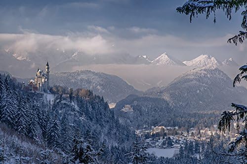 Germany Castles Winter Mountains Forests Neuschwanstein Bavaria (P-001578) - Poster Art Print on Canvas (36x24inch)