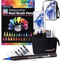 Gift Pack 30 Watercolor Brush Pens, Matching Messenger Bag and Watercolor Pad, Custom Folding Upright Pen Case, 24 Colors 6 Water Brushes, Real Nylon Brush Tips, Watercolor Painting, Low Mess, Shark