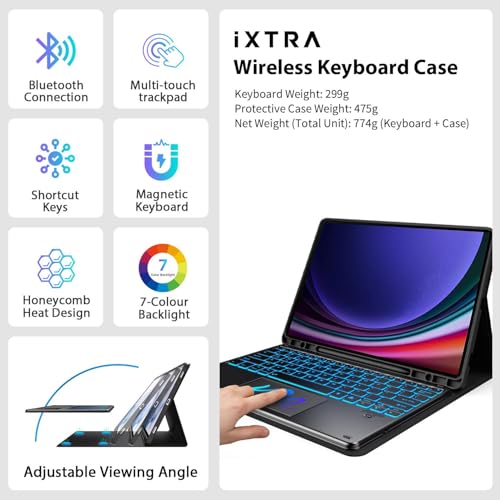 iXTRA Keyboard Case with Touchpad for Samsung Galaxy Tab S9 FE+/S9+/S10+ 12.4 Inch with 7 Color Backlit S Pen Holder, S9 FE Plus S10 Plus Keyboard Case Magnetic Detachable Bluetooth Keyboard, Black