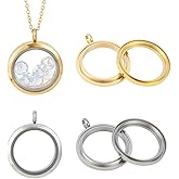 DELORIGIN 4pcs Photo Locket Charms Necklace Round Stainless Steel Locket Pendants Crystal Double-Sided Picture Frame Memory Locket Charm with 17.7inch Chain for Wedding Jewellery Making Photo