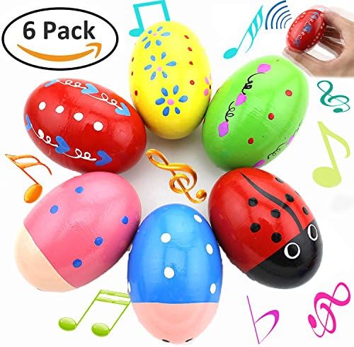 Ereon Musical Maracas Egg Colorful Cute Pattern Hand Shake Instrument Wooden Percussion Shakers Toys, Perfect Gift for Toddler Baby Child Kids Toys and Party Favors Set of 6 pack for 3-12 years old