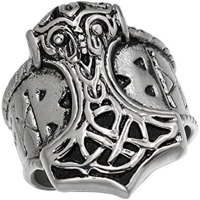 W WOOGGE Men's Viking Ring Stainless Steel Quake Ring Silver Tone Black Thor's Hammer Gothic Size 8-13