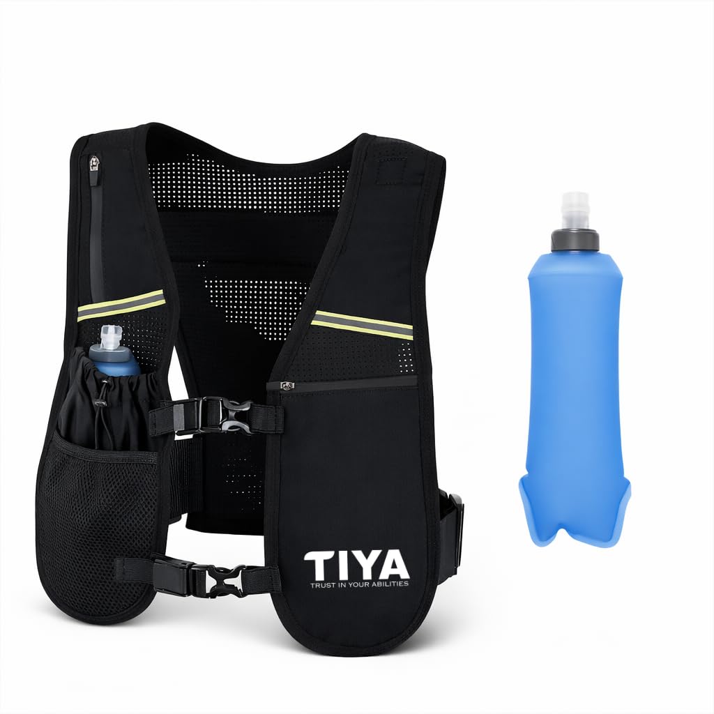 TIYA Hydration Running Vest with Water Bottle - Waterproof Phone Pouch, Extra Running Accessories Pockets – Lightweight, Adjustable, Reflective Runners Gear For Men Women – Black (WITH 500ml Bottle)