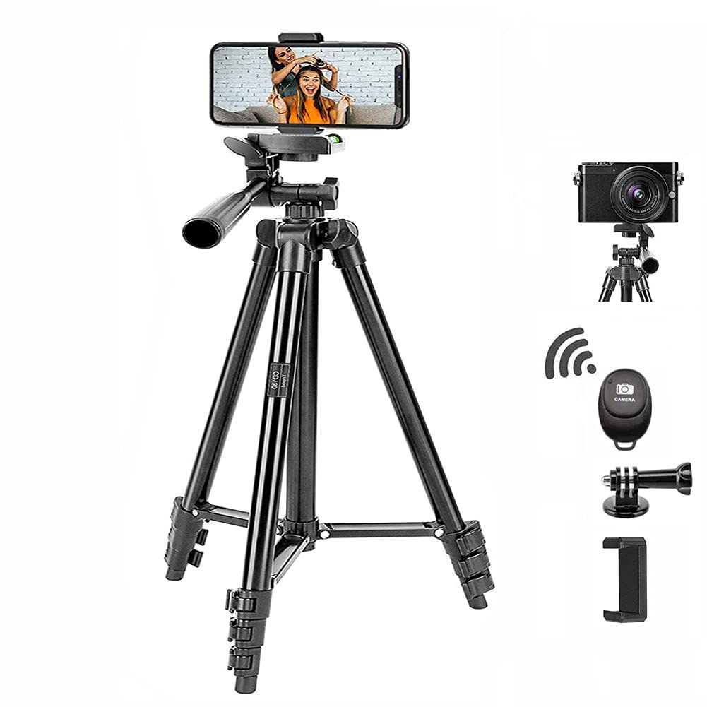 BONFOTO Phone Tripod, CD130 Aluminum Camera Tripod Portable Tabletop Travel Tripod Stand with 1/4" Quick Release Plate, 3-Way Pan Head Cellphone Holder and Wireless Remote (51 inch)