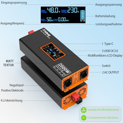 48 V 2000 W Inverter 48 V to 230 V Pure Sine Wave Voltage Converter with LCD Display 2 EU Sockets and 4 USB Type-C Ports Converter Remote Control for Motorhome Car Camping
