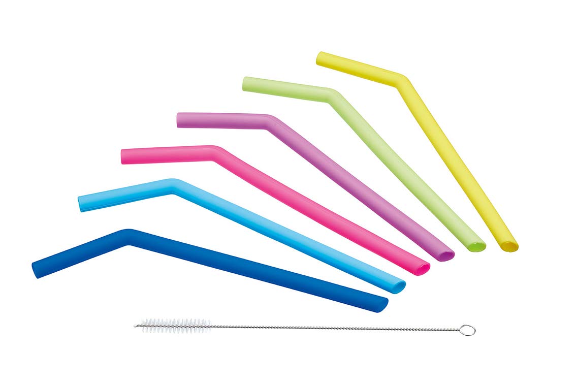 KitchenCraft Reusable Drinking Straws and Brush, Silicone, Multi Colour, Set of 6