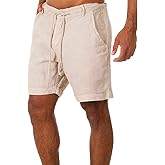 Men's Linen Casual Classic Short Elastic Waist Summer Beach Lightweight Board Slim-Fit with Pockets