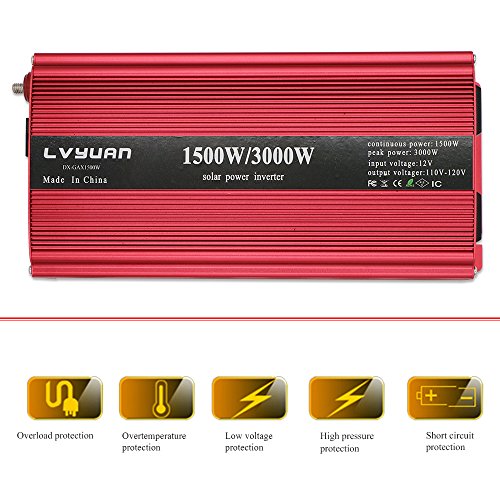 Yinleader Power Inverter 1500W/3000W(Peak) DC 12V to 110V AC with Dual AC Outlets and Dual 3.1A USB Ports for RV Caravan Truck Laptop iPad iPhone(Cables+ Replaceable Fuses)(Red)
