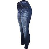 CLOYA Women's Denim Print Seamless Full Leggings for All Seasons - One Size Fits Large & X-Large