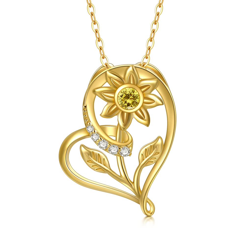 SISGEM 9 ct Gold Heart Necklace, Solid Yellow Gold Mother and Daughter Pendant Necklace, Gold Garnet Necklace, for Women Girls Ladies Mum Sisters, 16"+1"+1" (J - Sunflower B)