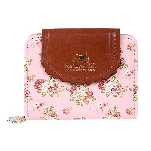 Damara Women PU Zipper Closure Flower Printed Flap Wallet,Pink