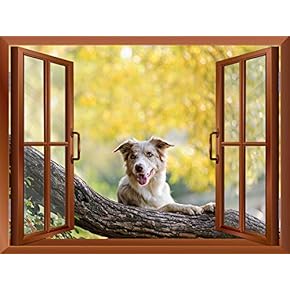 A Dog Resting by a Tree Branch Outside of an Open Window | Removable Wall Sticker/Wall Mural - 24"x32"