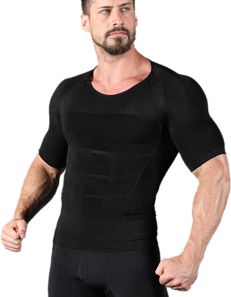 NOVECASACompression T-Shirt Men Shapewear Body Shaper Gynecomastia for Slimming Fitness Bodybuilding (XL Waist 38.2-42.1inch, Black)