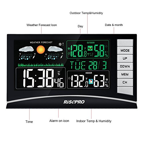 RISEPRO Weather Station, Wireless Weather Station with 3 Sensors in/Out Temperature and Humidity Alarm Clock Calendar Weather Forecaster with Color Led Display RP-WS2003N