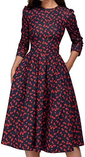 OTINICE Women Vintage Dress 3/4 Sleeve Floral Bodycon Slim Midi Evening Party Swing Dress