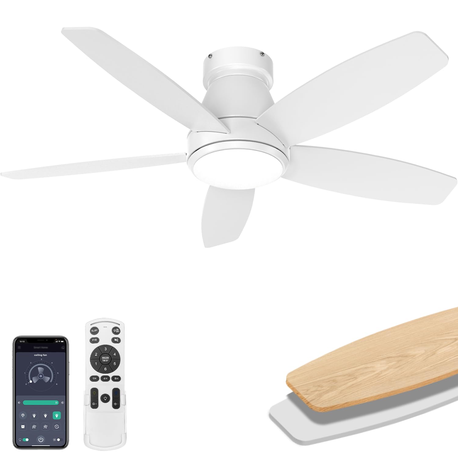 Photo 1 of AQUBT 42 Inch Ceiling Fans with Lights, Quiet Reversible Fan with Remote & APP Control, 6-Speed, 3 Color Temperatures Dimmable LED, DC Motor, Low Profile Ceiling Fan for Bedroom Living Room?White?