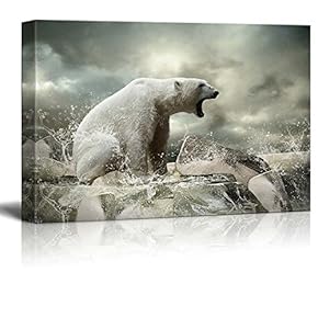 Canvas Prints Wall Art - White Polar Bear Hunter on The Ice in Water Drops | Modern Wall Decor/Home Decoration Stretched Gallery Canvas Wrap Giclee Print. Ready to Hang - 12" x 18"