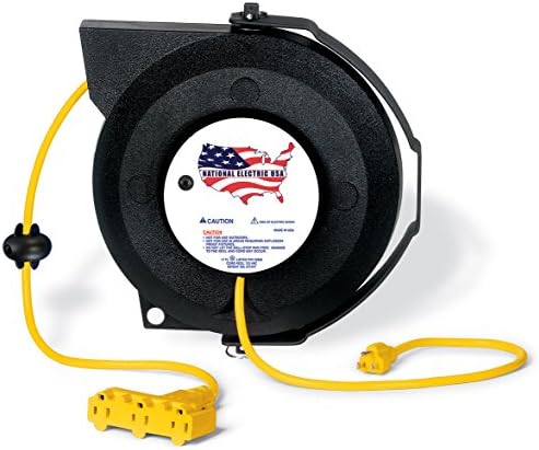 Extension Cord Reel 50 ft - Retractable Heavy Duty Tri-Tap 3-Outlet 16AWG 13A Breaker Reset UL Certified - Yellow