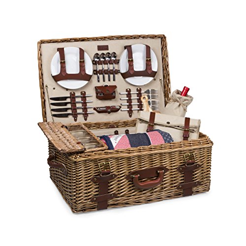 PICNIC TIME Charleston Luxury Wicker Picnic Basket for 4 with Blanket