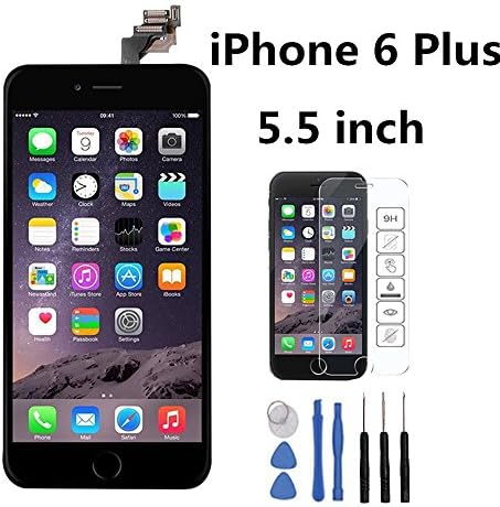 iPhone 6 Plus Screen Replacement 5.5 inch LCD Screen Full Assembly with Home Button + Front Camera + Ear Speaker + Repair Tools + Tempered Glass and Installation Manual