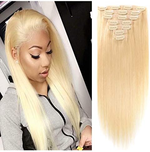 12" to 20" Remy Human Hair Clip in Extensions for Women Straight Bleach Blonde 7 Pieces 70 grams 2.45 oz (18", Bleach Blonde)