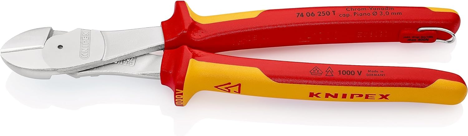 KNIPEX High Leverage Diagonal Cutter Chrome-Plated Insulated with Multi-Component Grips, VDE-Tested with Integrated Insulated Tether, 74 06 250 T