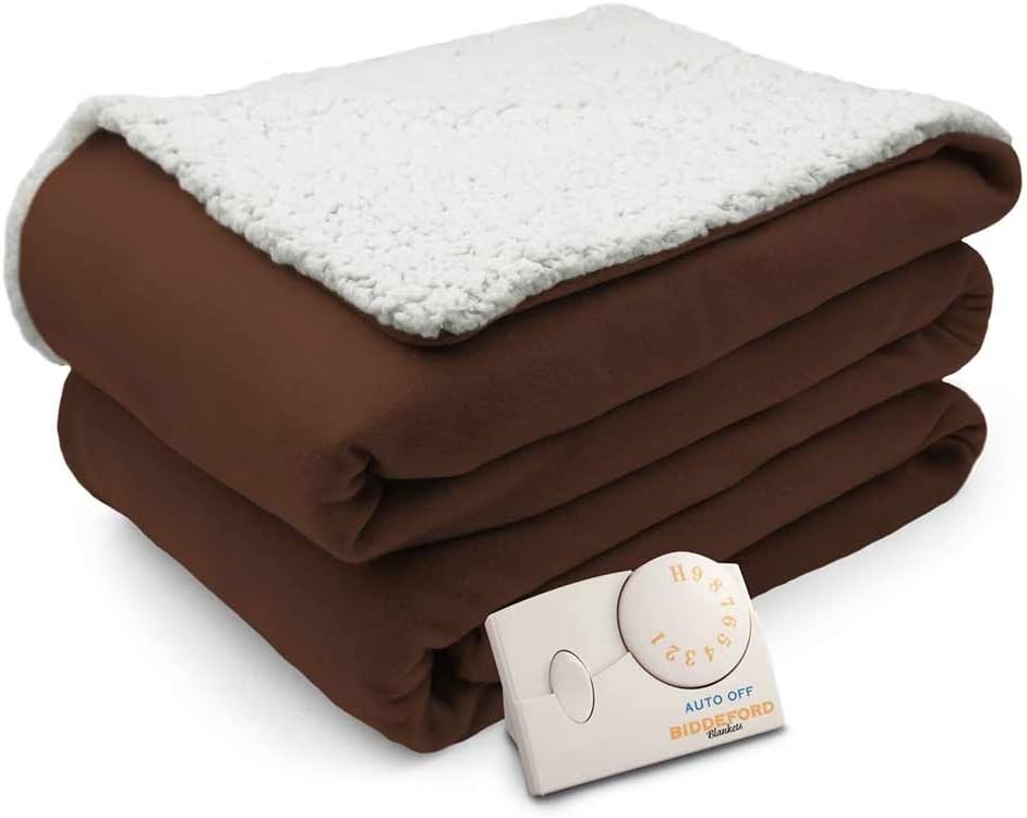 Biddeford Comfort Knit Natural Sherpa Electric Heated Blanket Full Chocolate