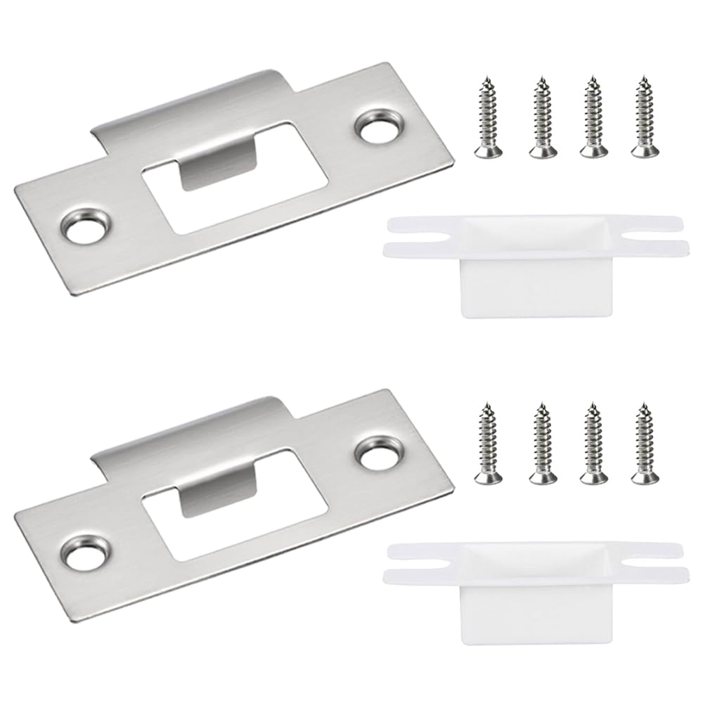 2 Sets Door Strike Plate Stainless Steel Door Latch Plate 70mm x 40.3mm Mortice Lock Plates with Dust Box and Matching Screw for Internal Door Repairing Fixing