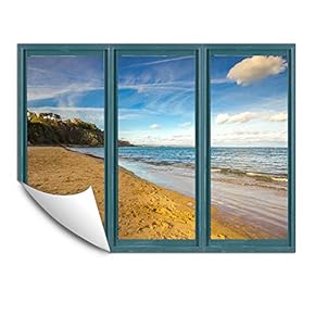 Wall Murals for Bedroom Fake Window Beach Blue Window Removable Wallpaper Peel and Stick Wall Stickers - 24x32 inches