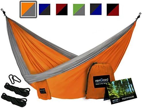 RenGard Portable Camping Hammock – Sturdy and Breathable Parachute Nylon built; Multifunctional; Tri-stitches – Best for both Indoor &amp; Outdoor Camping - Double, Light Grey/Orange
