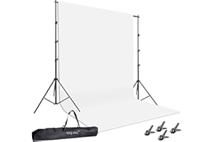 HYJ-INC Photo Background Support System with 8.5 x 10ft Backdrop Stand Kit, 100% White Cotton Muslin Backdrop,Clamp, Carry Bag for Photography Video Studio