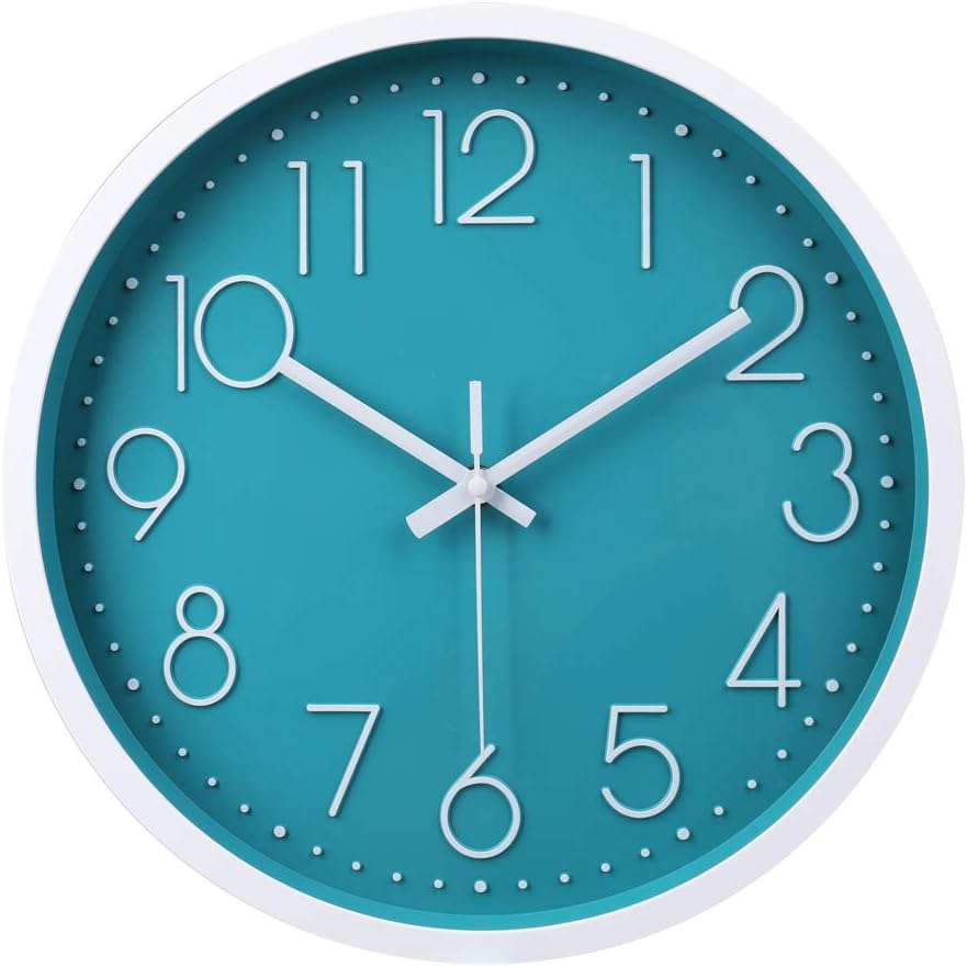 jomparis Modern 30cm Silent Turquoise Wall Clock Quartz Sweep Teal White Frame