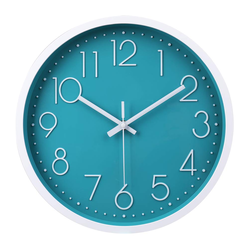 Photo 1 of jomparis 12 Inch Silent Non-Ticking Battery Operated Round Turquoise Wall Clock Easy to Read for Pool/Home/Office/School/Kitchen/Bedroom/Living Room Teal Clocks