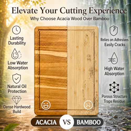 Tabla para Picar Cocina de Madera de Acacia 42 × 33 × 2.5 cm,ideal para carne, verduras, quesos y charcutería, reversible con canal para jugos