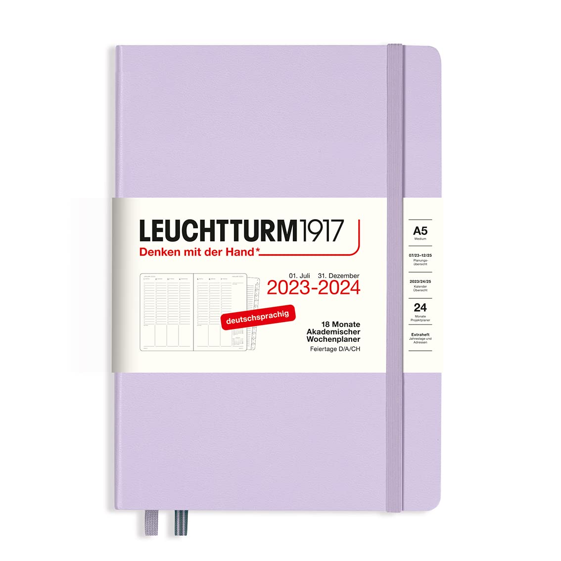 LEUCHTTURM1917 367548 Academic Weekly Planner Medium (A5) 2024, 18 Months, Lilac, German