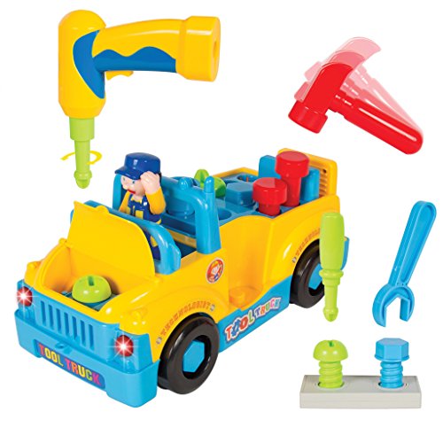 Multifunctional Toy Tool Truck With Electric Drill and Various Tools, Lights and Music, Bump and Go Action