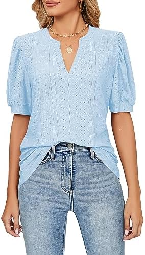 SEAUR Women Casual V Neck Blouses Short Sleeve Loose Fit Tunic