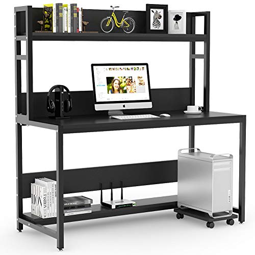 Tribesigns 55" Large Computer Desk with Hutch, Modern Writing Desk with Bookshelf, PC Laptop Study Table Workstation for Home, Black+ Black Legs