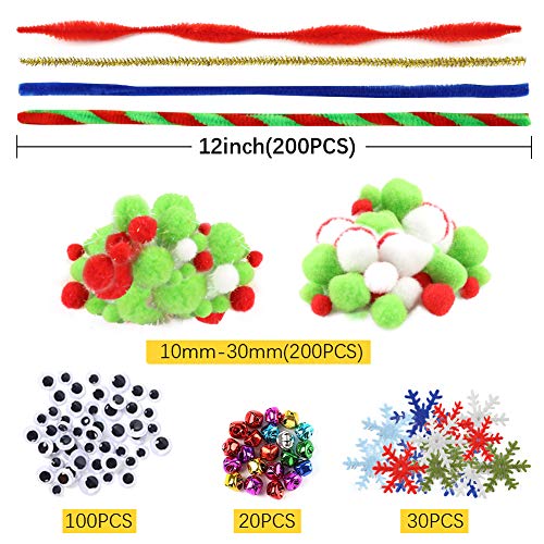 BigOtters Christmas Pipe Cleaners Set, 550PCS Craft Supply Including 200PCS Xmas Pipe Cleaners 200PCS 2-Style Pom Poms 100PCS Self Adhesive Wiggle Eyes and 50PCS Bells Snowflakes for DIY Art Project