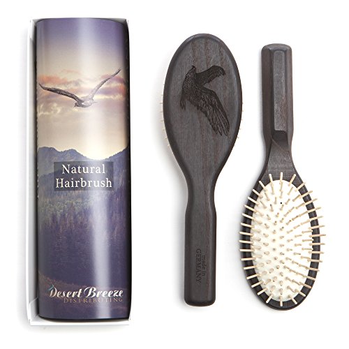 Pure Wood Hair Brush, All Hair Types, Tempered Ash Wood Handle, Rounded Wood Pins, Model TMW, Anti-Static, Made in Germany, Premium Quality Hairbrush, by Desert Breeze Distributing