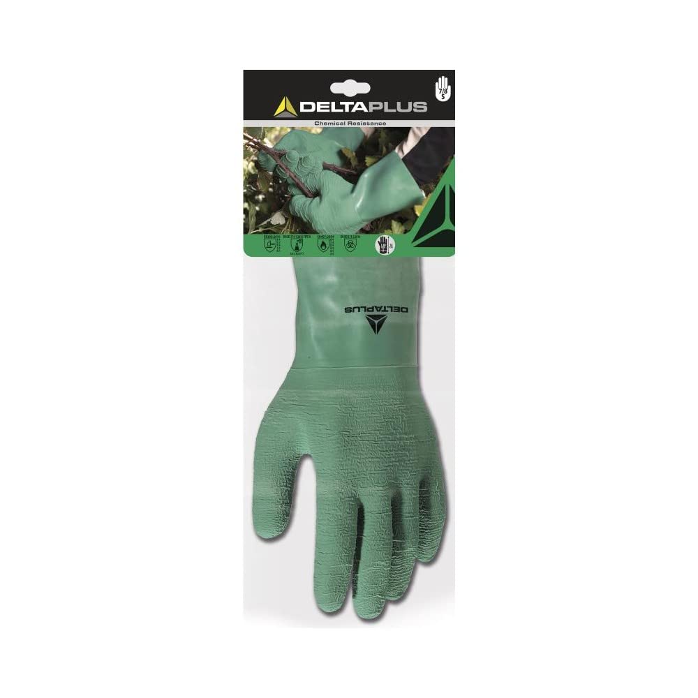 Deltaplus DPLAT5009 Natural Latex Gloves on Cotton Jersey Carrier - Length: 30 cm, Green, Size 9/10
