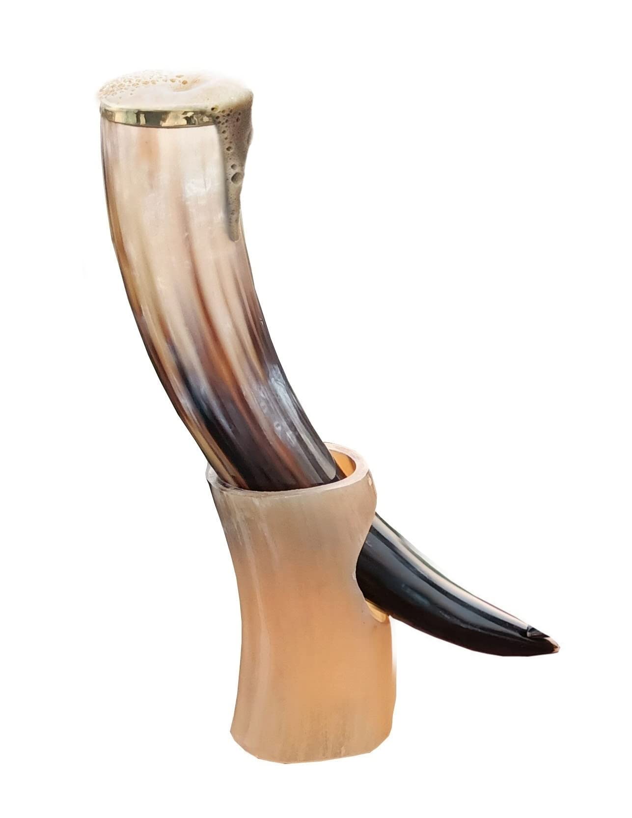 THE ANTIQUE HOUSE Viking Drinking Horn Mug Genuine Polished Ox Horn Mug with Stand for Beer, Wine, Mead