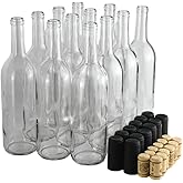 FastRack Clear Wine Bottles 750 ml (Pack of 12) w/No.8 Natural Corks & Matte Black Shrink Sleeves | W5 Bordeaux Empty Liquor Bottles | Flint Flat-Bottomed Cork Top Clear Glass Bottle for Wine Making