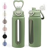 SANDJEST Glass Water Bottle with Silicone Sleeve 24oz with Lid, Motivational Time Marker, Drinking Hydration Glass Bottles for Men Women, Gym Travel Sports (Matcha)