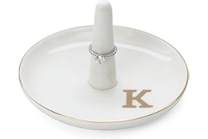 HOME SMILE Initials Ring Holder Jewery Tray with personalized K-Monogrammed Engagement Gifts for Friends,Birthday Mother's Day Christmas Gifts for Women,Ceramic White